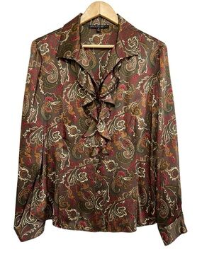 Lafayette 148 Brown Paisley Ruffle Front Silk Satin Blouse Long Sleeve Size 14